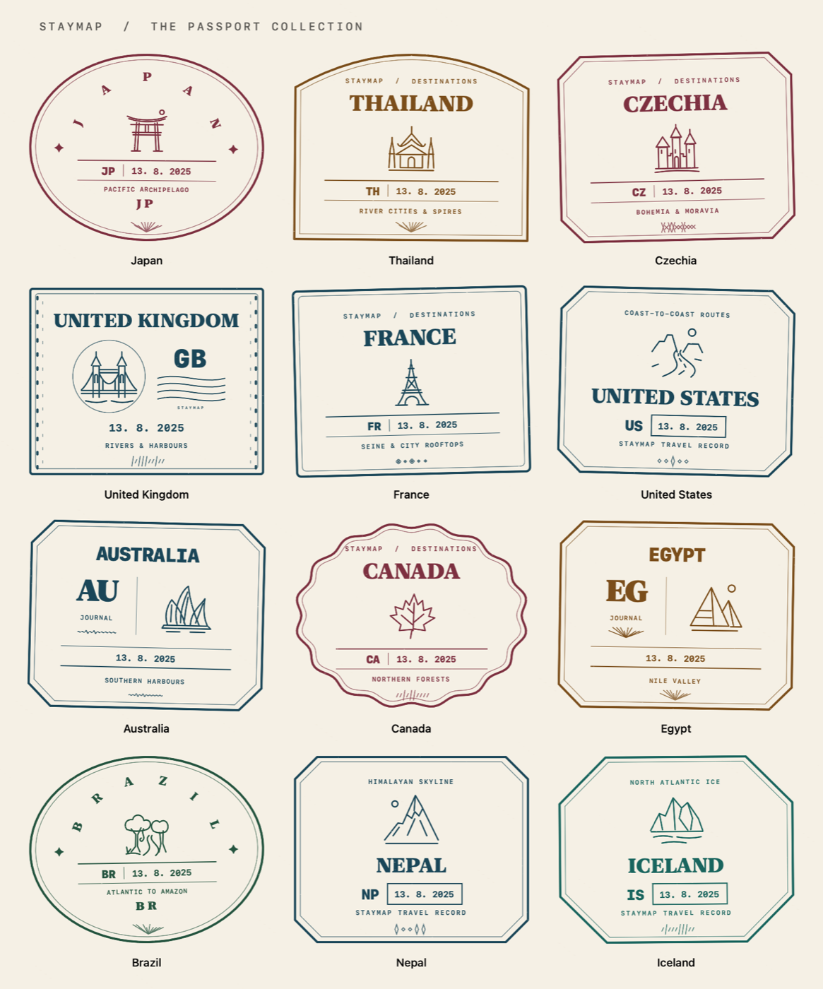 StayMap passport stamp artwork for Japan, Thailand, Czechia, the United Kingdom, France, the United States, Australia, Canada, Egypt, Brazil, Nepal, and Iceland