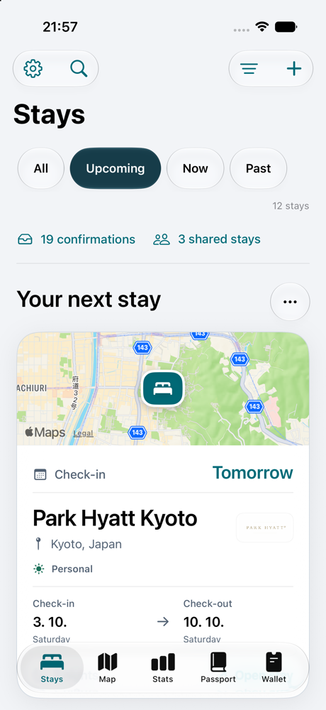 StayMap’s upcoming stays screen showing an example booking at Park Hyatt Kyoto